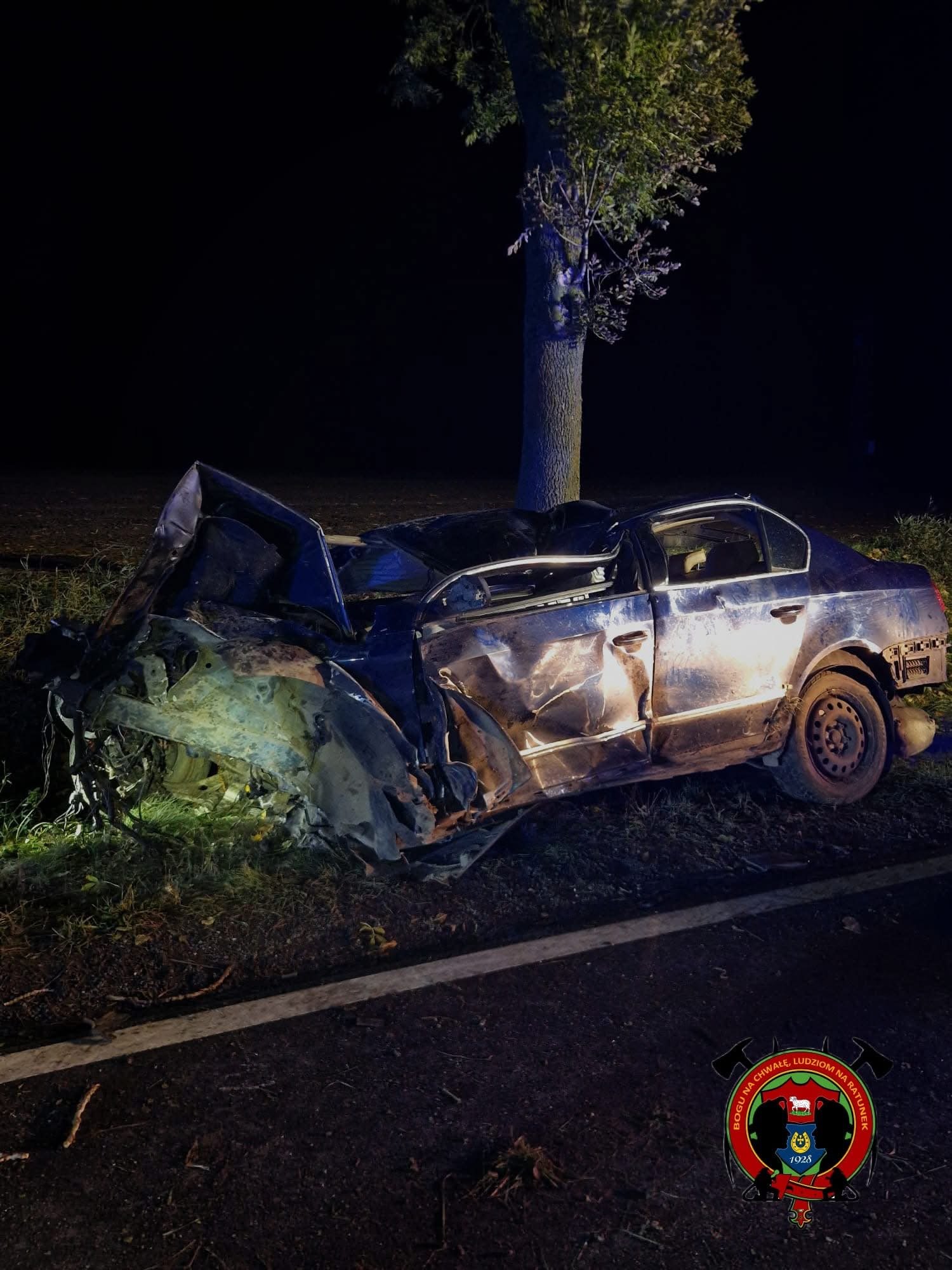 Zniszczony samochód osobowy uderzony w drzewo, widoczny na poboczu drogi w nocy, oświetlony przez niebieskie światło.