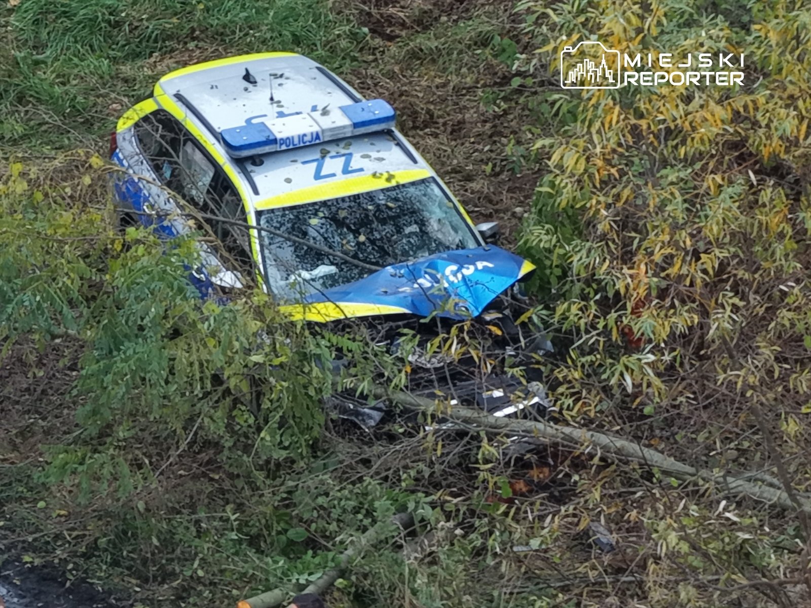 Policyjny samochód w rowie, z uszkodzoną przednią częścią, otoczony roślinnością i gałęziami.