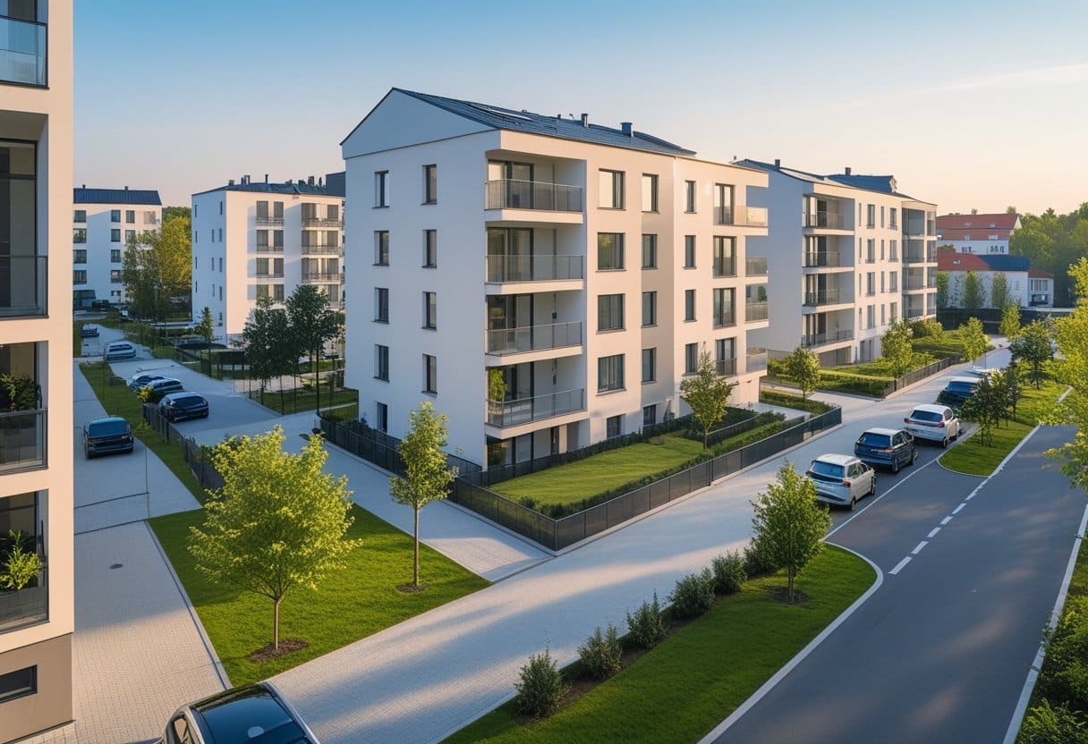 Nowoczesne budynki mieszkalne w miejskiej dzielnicy Rzeszowa z zielenią i zaparkowanymi samochodami.