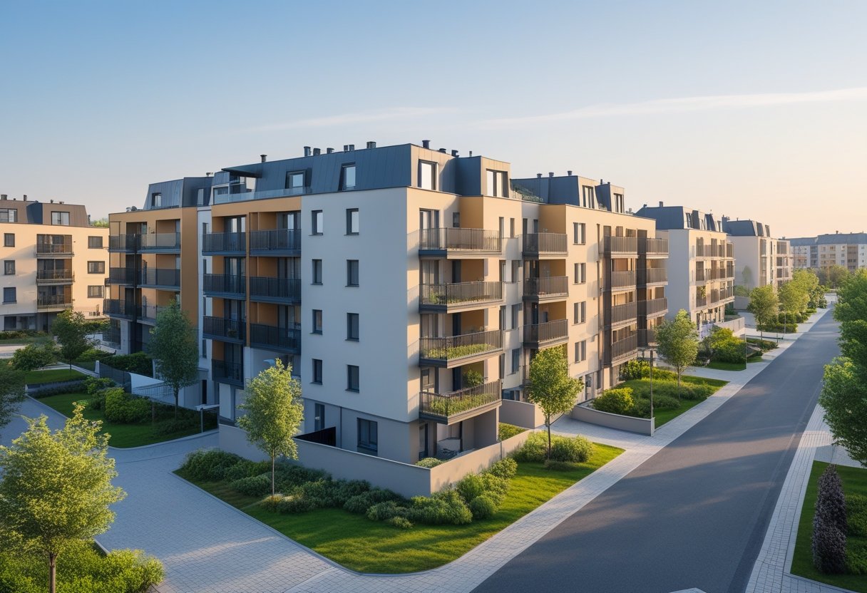 Widok nowoczesnych bloków mieszkalnych w Toruniu otoczonych zielenią i ulicami.