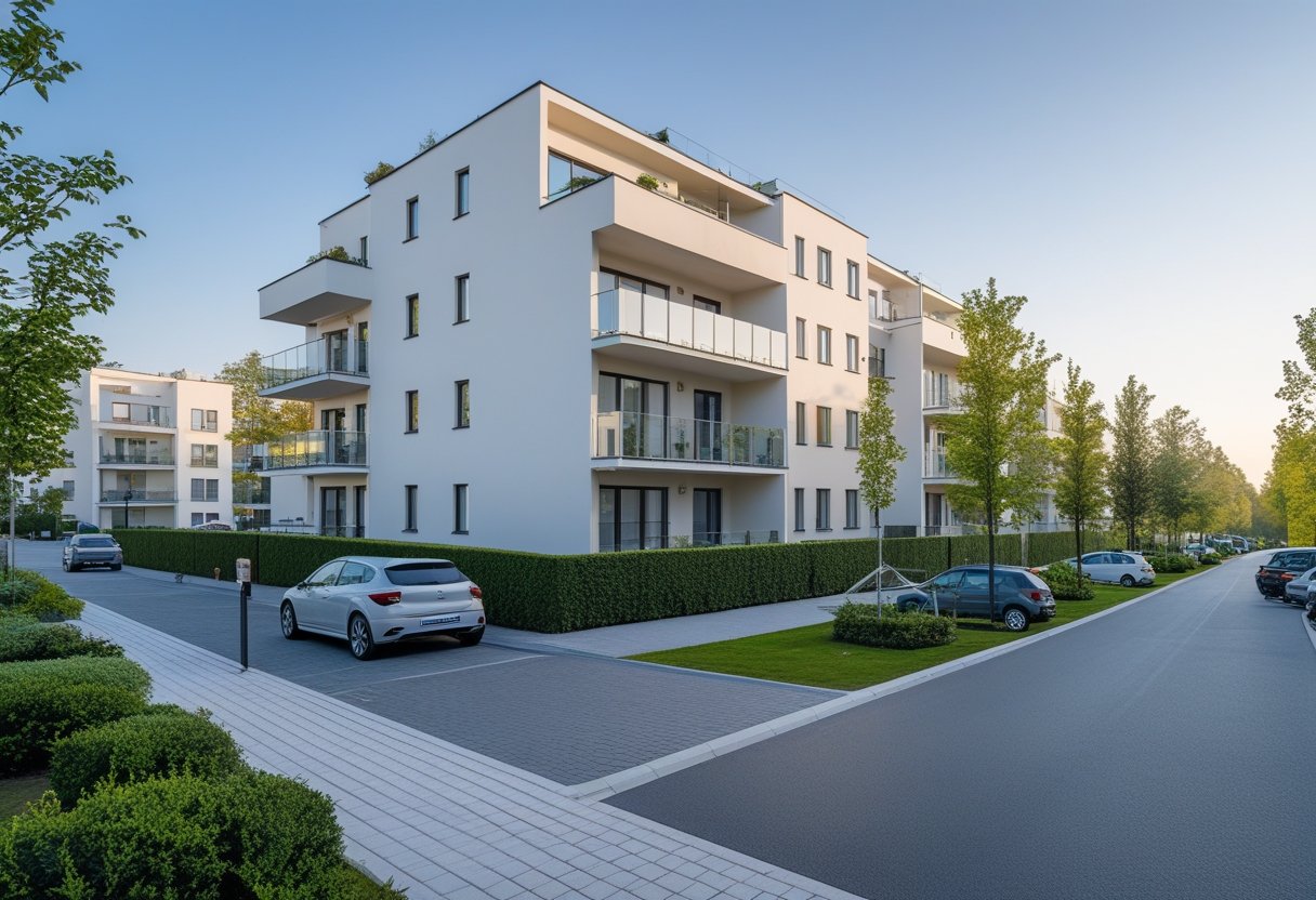 Nowoczesne budynki mieszkalne w Gliwicach z ulicą i zielenią wokół.