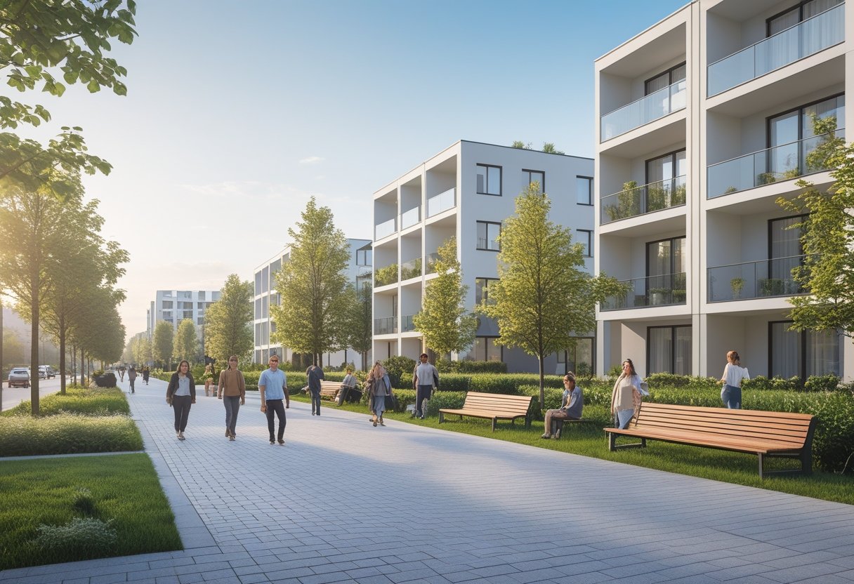 Nowoczesne osiedle mieszkaniowe w Ursusie z blokami i zielenią, ludzie spacerujący i odpoczywający na ławkach.