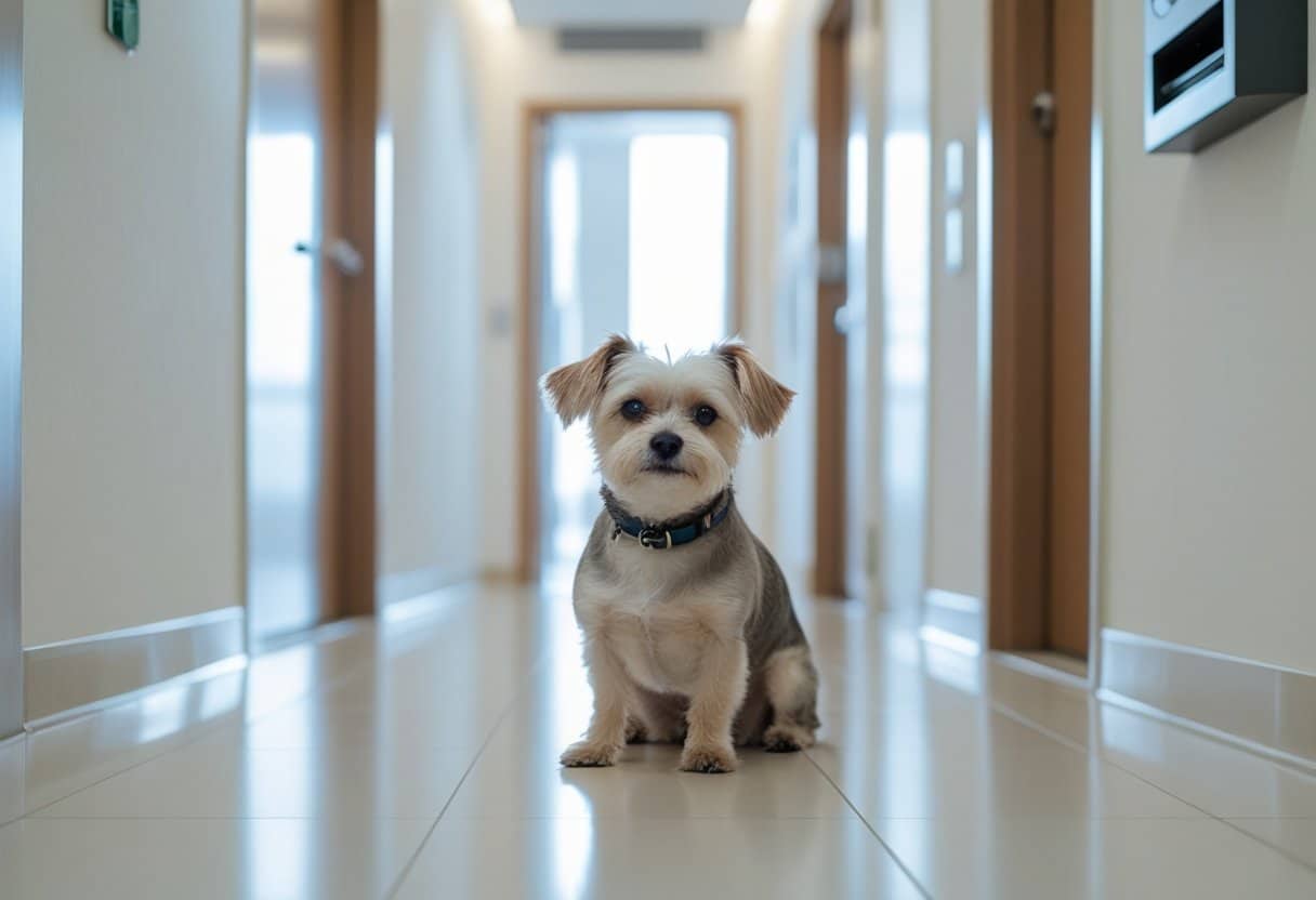 Mały pies siedzi spokojnie na korytarzu nowoczesnego bloku mieszkalnego.