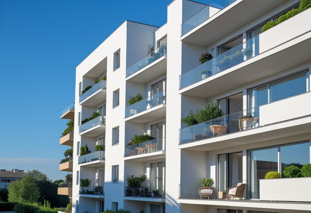 Widok nowoczesnego budynku mieszkalnego z kilkoma balkonami, każdy z różnym umeblowaniem i roślinami.