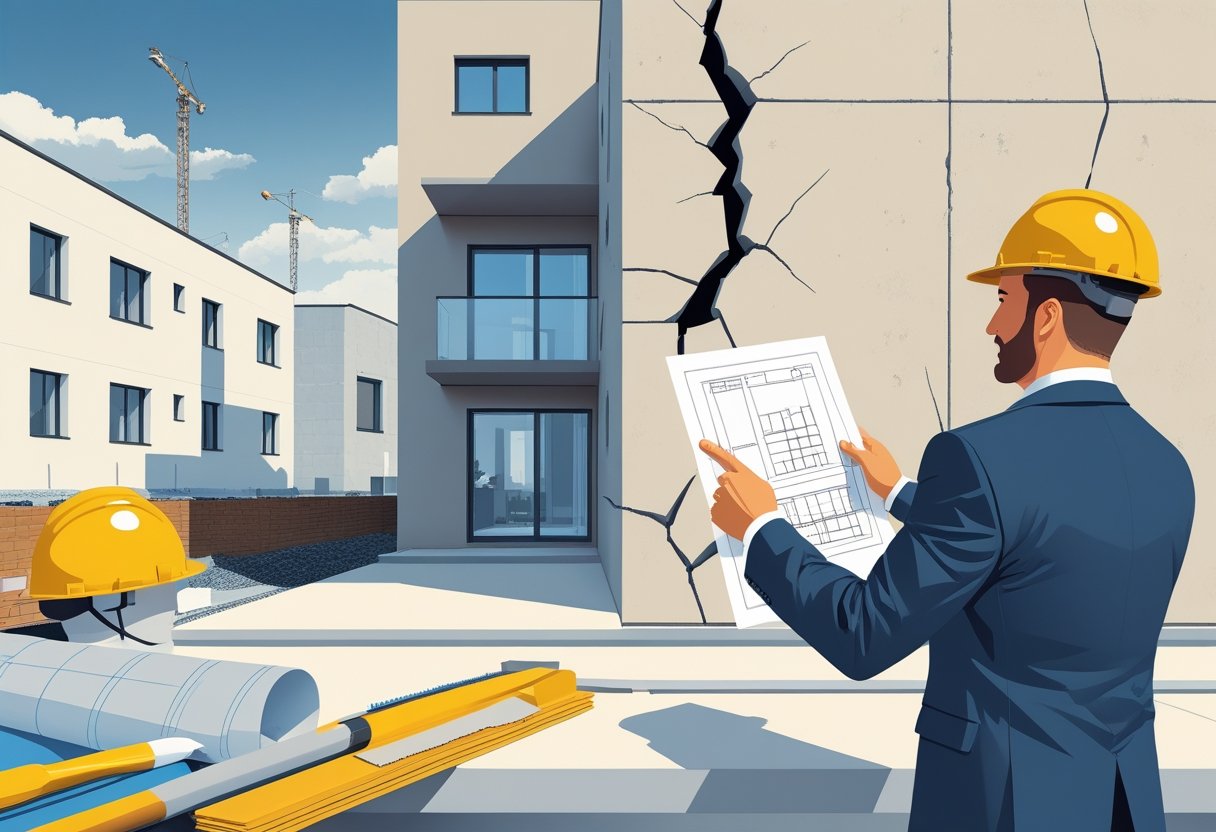 Osoba rozmawiająca z deweloperem przed budynkiem z pękniętymi ścianami, w tle narzędzia budowlane i częściowo ukończony budynek.