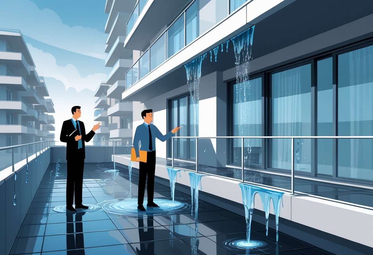 Balkon w bloku mieszkalnym z przeciekającą wodą, dwie osoby rozmawiające obok niego, jedna wskazuje na balkon, druga trzyma parasol.