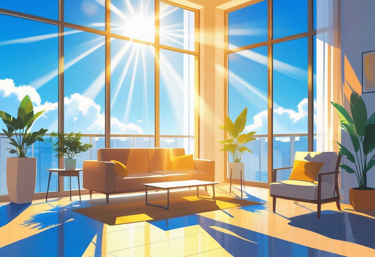 Wnętrze mieszkania z dużymi oknami, przez które wpada jasne, naturalne światło słoneczne, oświetlając pokój i meble.