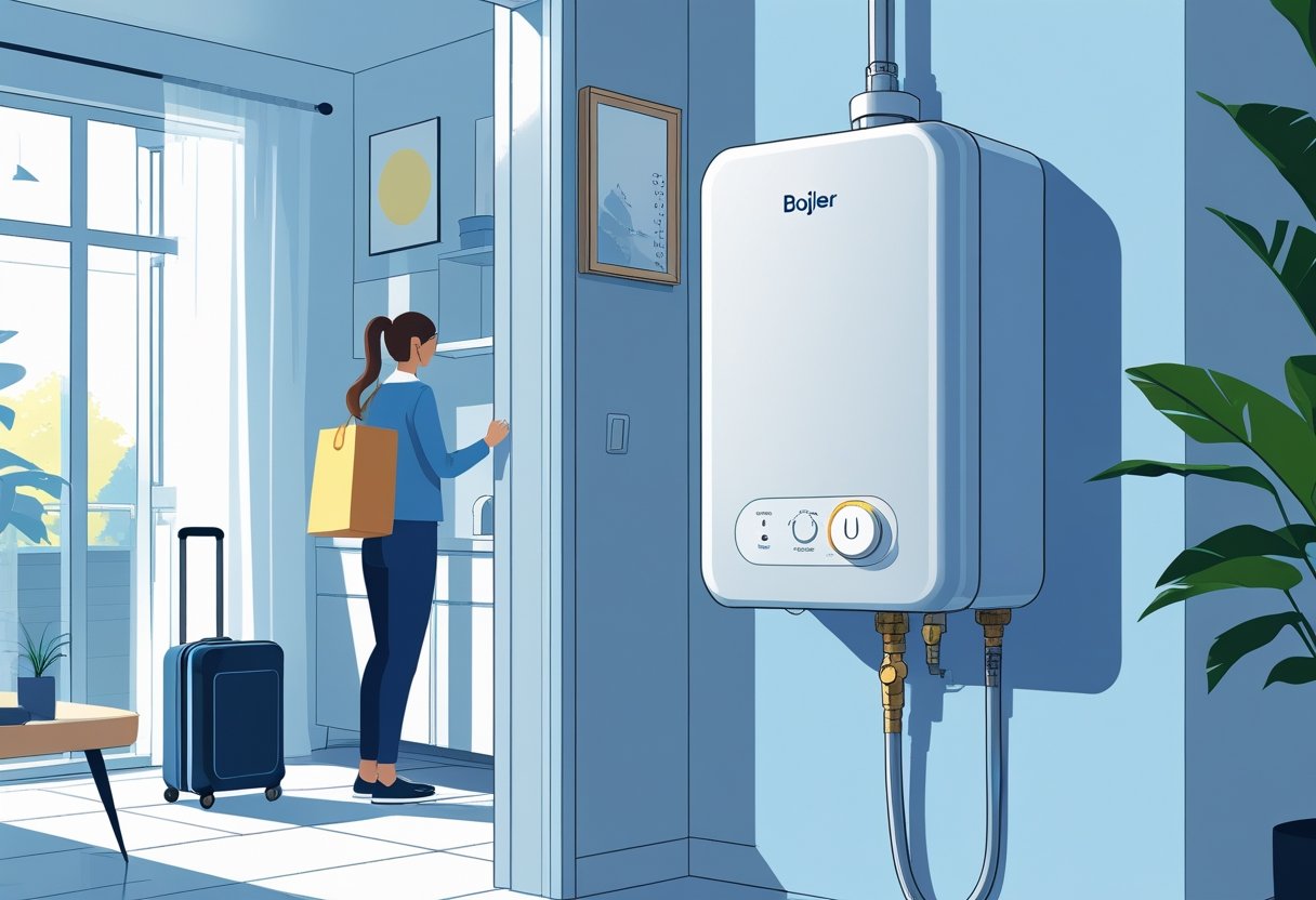 Osoba pakuje walizkę w domu, obok na ścianie widoczny bojler z wyłącznikiem.