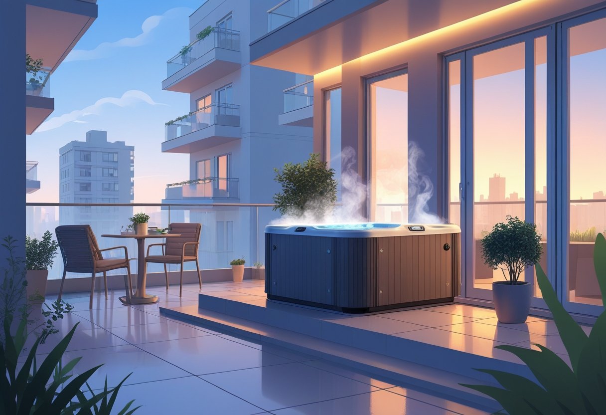 Balkon mieszkania z jacuzzi, meblami ogrodowymi i roślinami, z widokiem na miasto oraz dokumentami na stole.