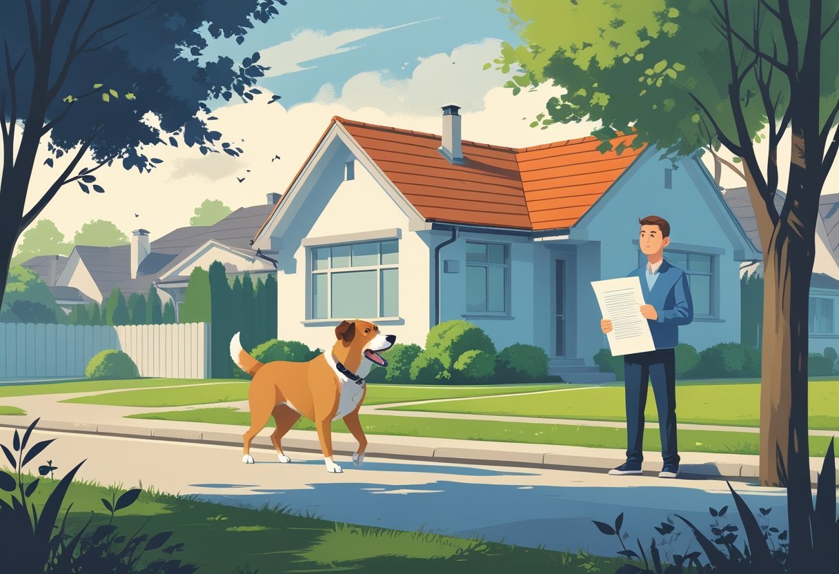 Sąsiedztwo z domem i szczekającym psem, obok stoi zaniepokojony sąsiad trzymający dokument.
