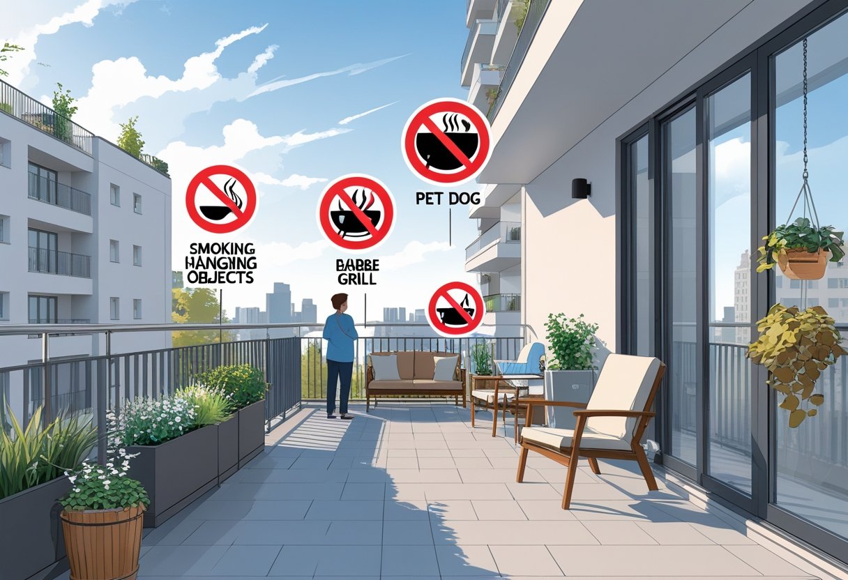 Balkon z osobami i przedmiotami oznaczonymi jako zabronione, takimi jak palenie, grillowanie, zwierzęta i wieszanie ciężkich rzeczy na balustradzie.
