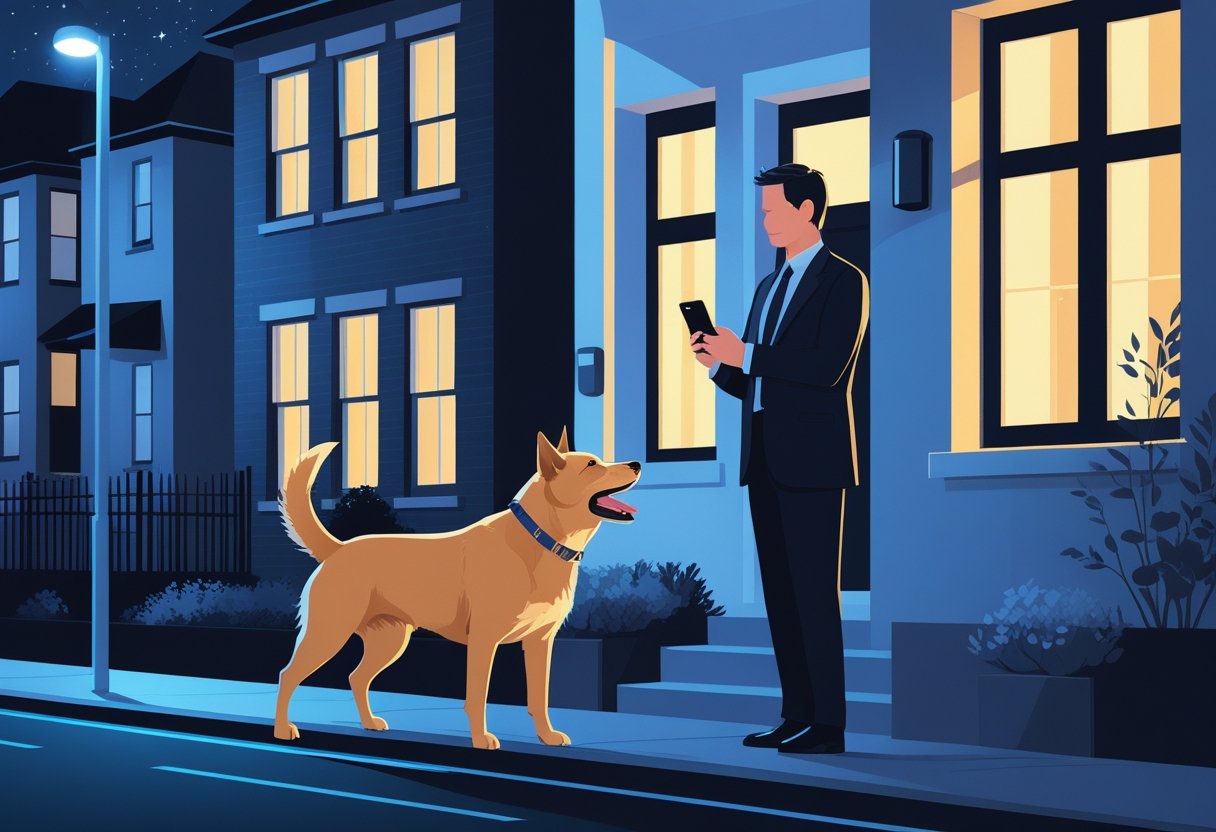 Nocna scena na ulicy mieszkalnej, gdzie pies szczeka przy domu, a sąsiad trzyma telefon lub dokument, symbolizujący mandat za zakłócanie ciszy nocnej.