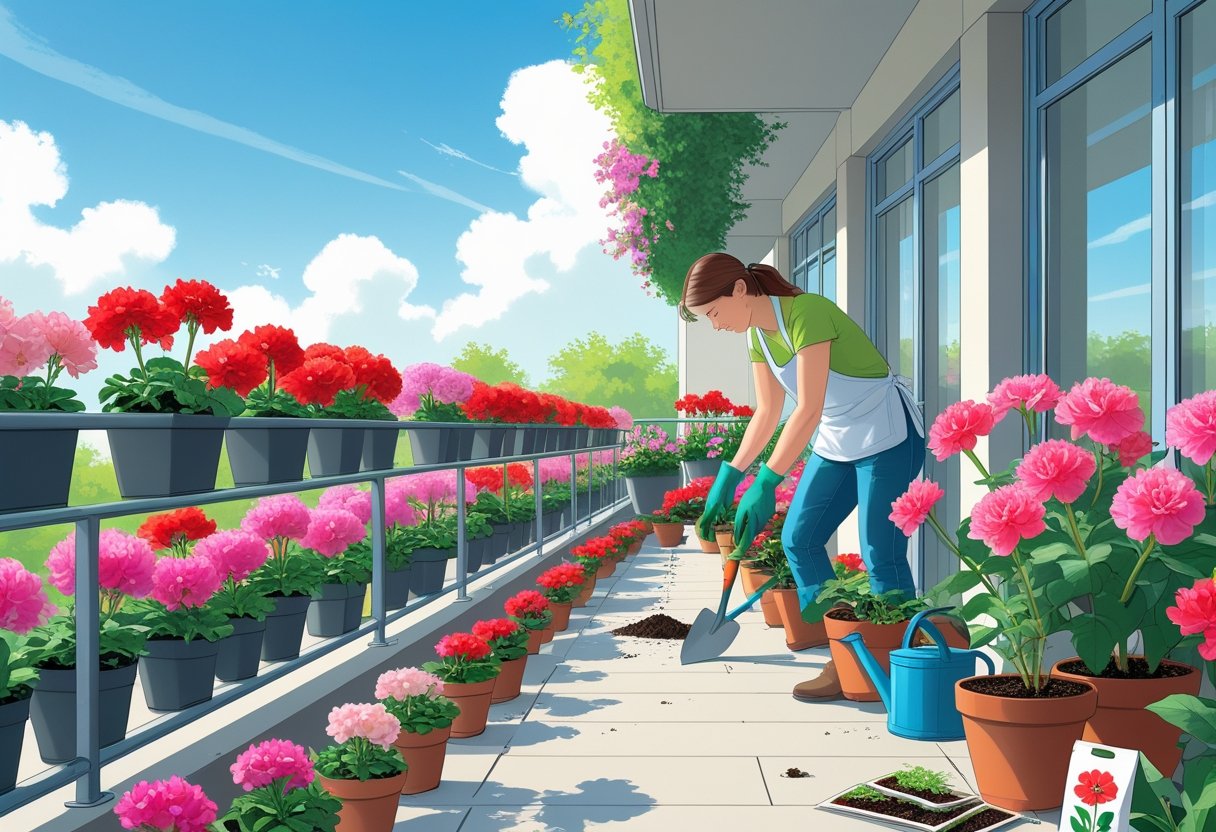 Balkon z kolorowymi pelargoniami w doniczkach, ogrodnik sadzi kwiaty podczas słonecznego, wiosennego dnia.