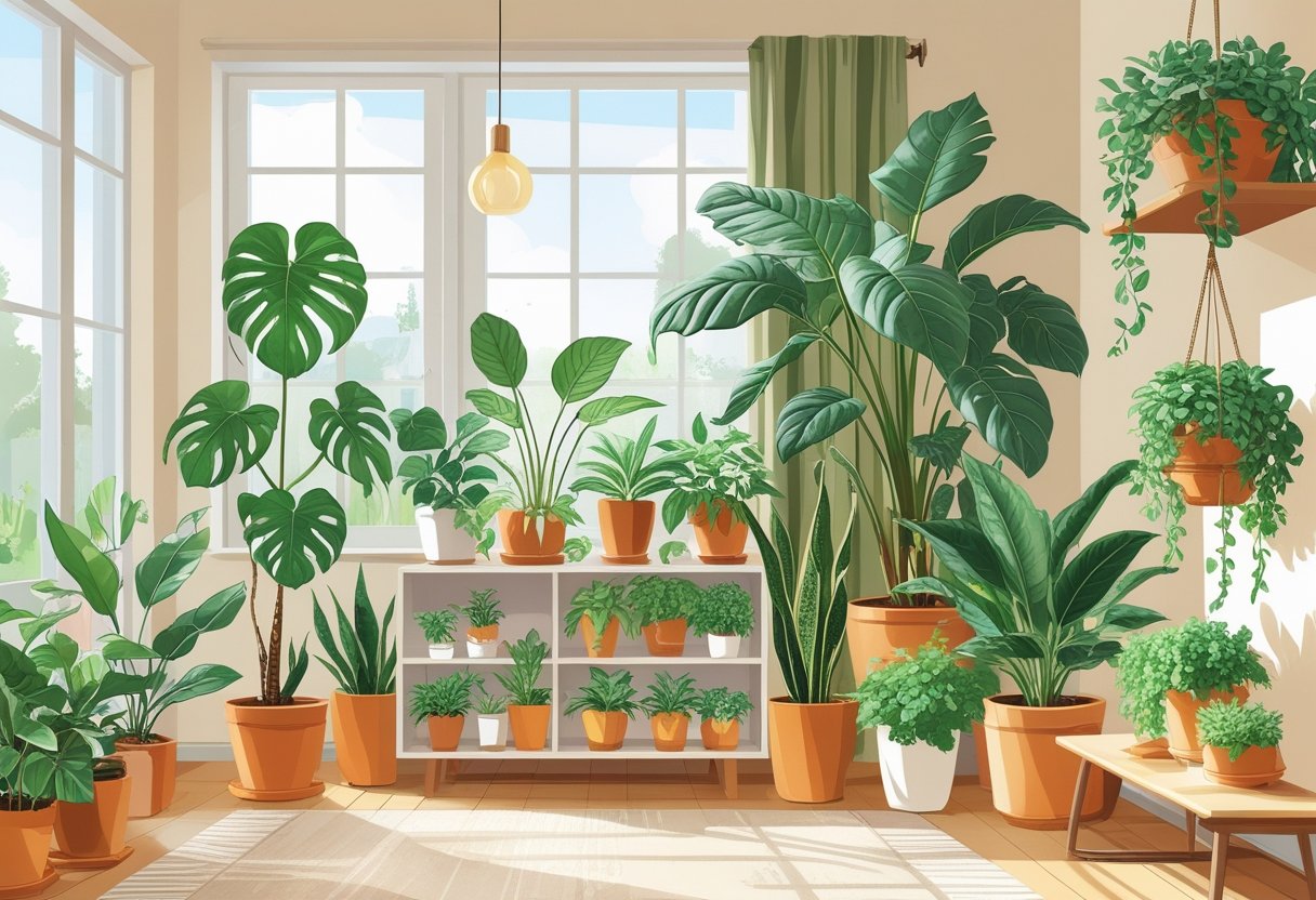 Salon z różnymi roślinami doniczkowymi, takimi jak monstera, fikus, sansewieria i skrzydłokwiat, ustawionymi na półkach i przy oknach.