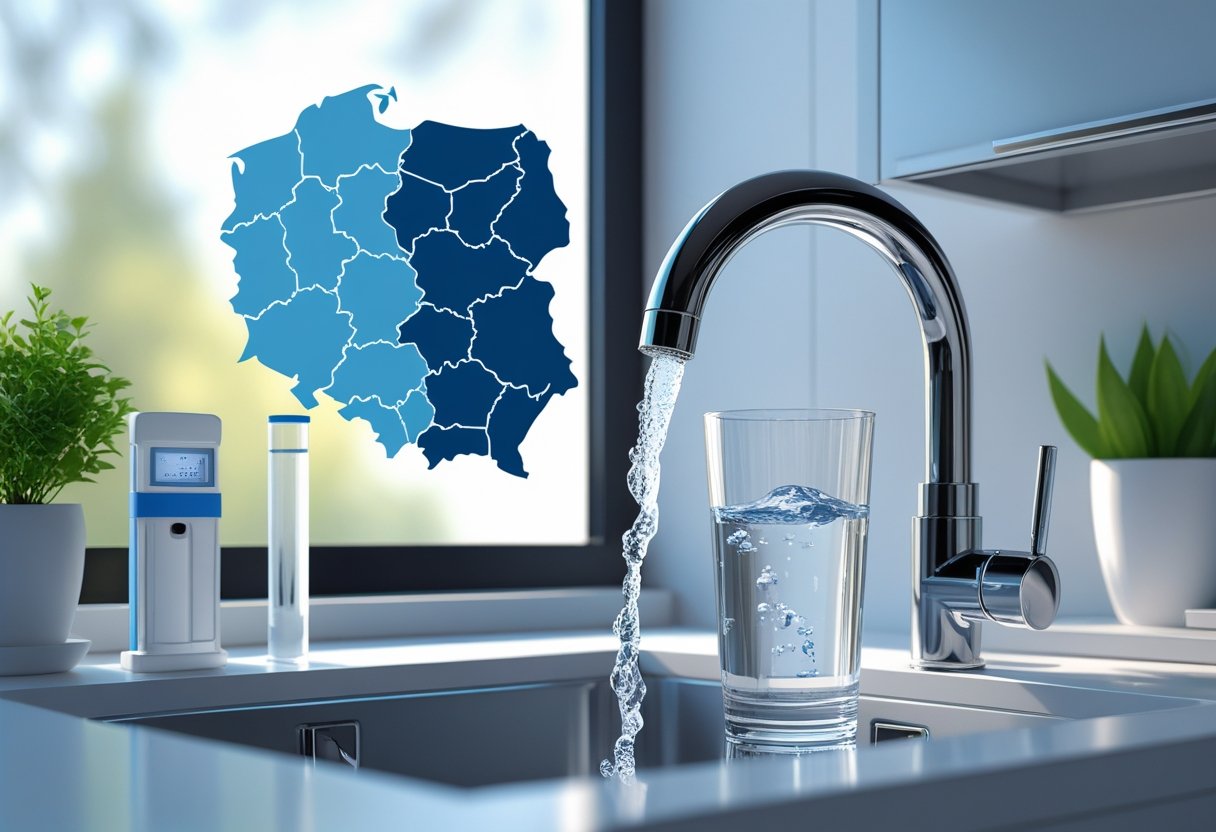 Kuchnia z kranem, z którego leci czysta woda do szklanki, z delikatnym zarysem mapy Polski w tle.