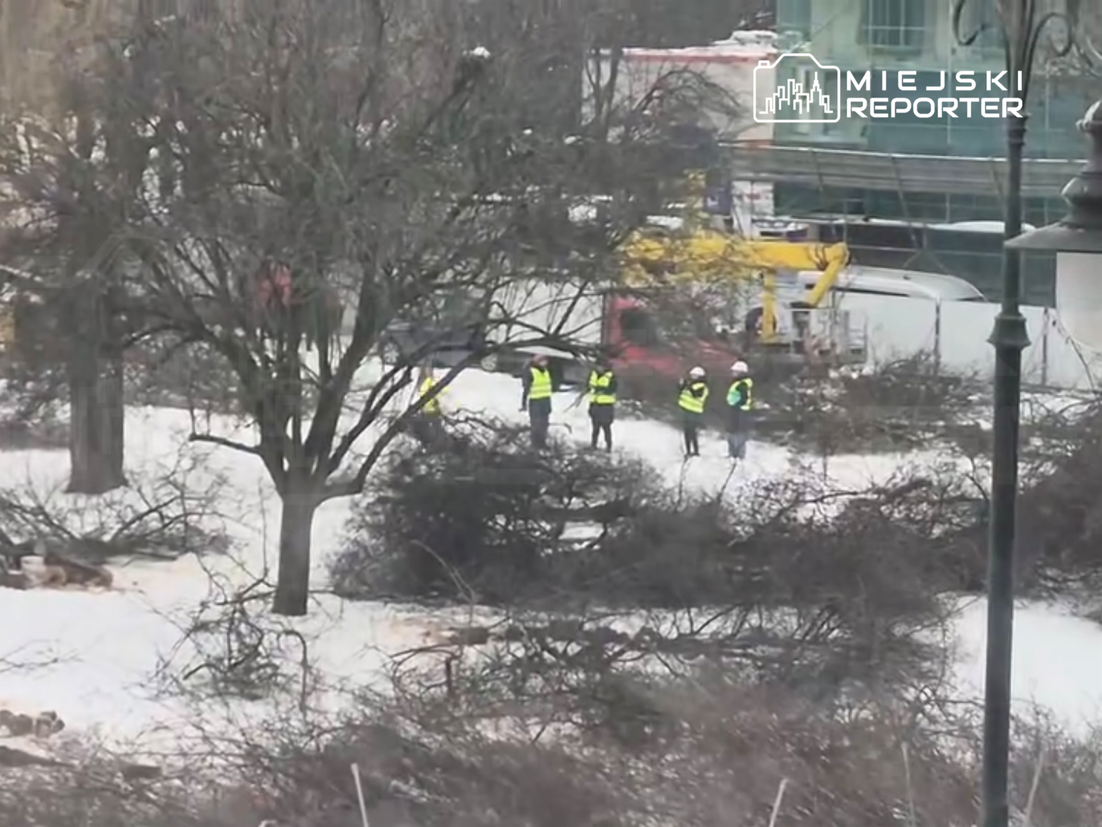 Grupa pracowników w kamizelkach odblaskowych sprząta zniszczone gałęzie w zaśnieżonym otoczeniu.