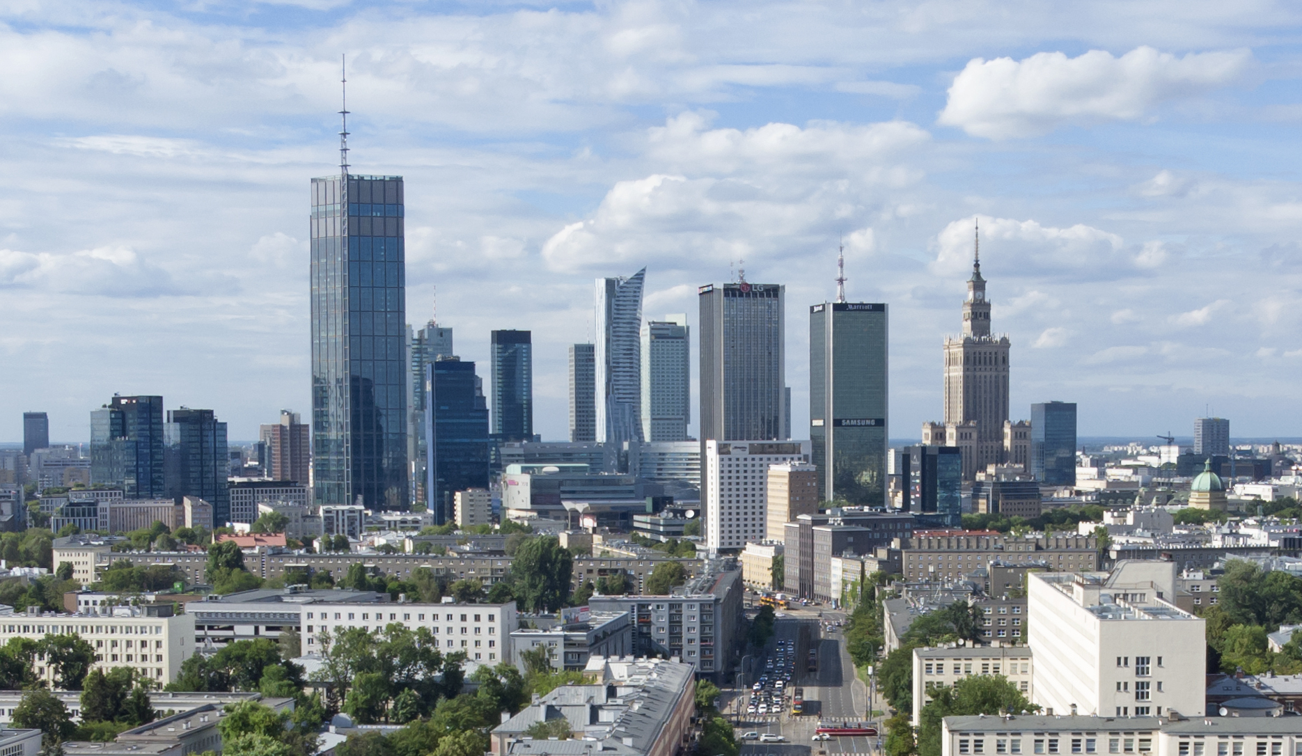 Warsaw skyline with tall skyscrapers in Poland