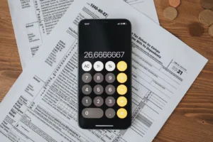 Formularze podatkowe i kalkulator na drewnianym blacie, ilustracja do tekstu o trzeciej racie podatku od nieruchomości
