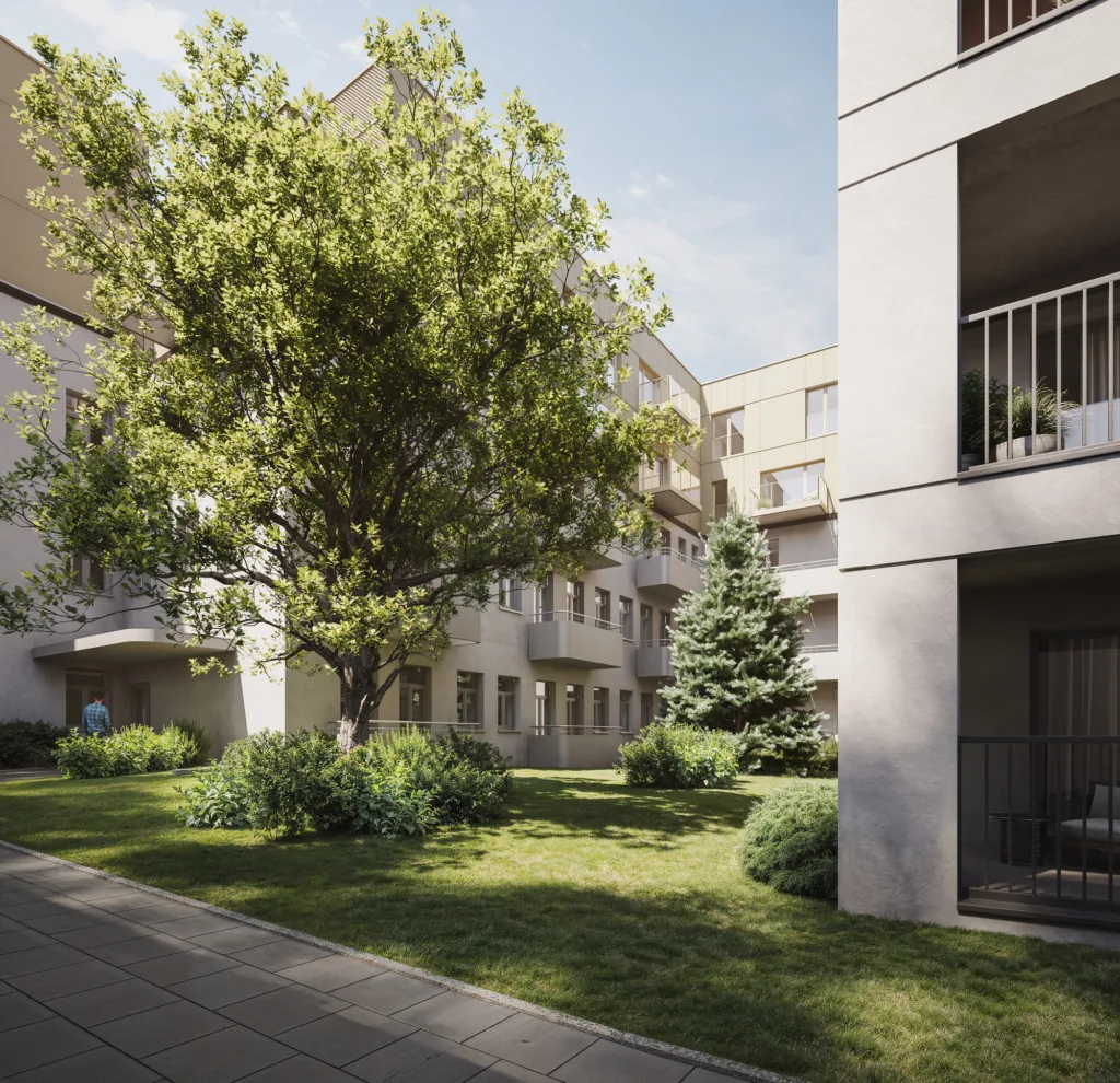 Zielony dziedziniec Niedziałkowskiego Park w Poznaniu, wizualizacja Sagaris