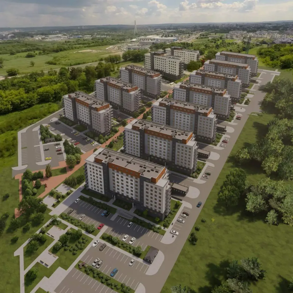 Osiedle Bella Dolina przy ul. Lubelskiej w Rzeszowie z lotu ptaka, wizualizacja dewelopera