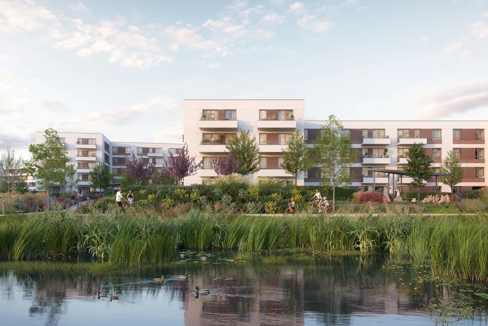 Osiedle Idea Aquarius w Radomiu, wizualizacja budynków nad stawem, materiały Unidevelopment