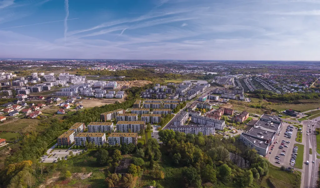 Osiedle Urzeka na gdańskim Jasieniu z lotu ptaka, materiał dewelopera